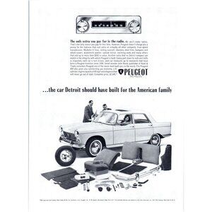 1963 Peugeot 404 Sedan Vintage Print Ad Family Car Radio Woman Driver Wall Art